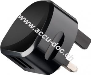 UK - Dual USB-Ladegerät 2,4 A, Schwarz - mit 2x USB-Buchse und Gerätestecker UK 